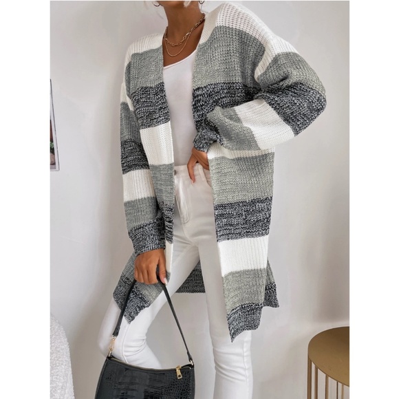 Colorblock Stripes Open Knit Cardigan Knee Length - Picture 7 of 9